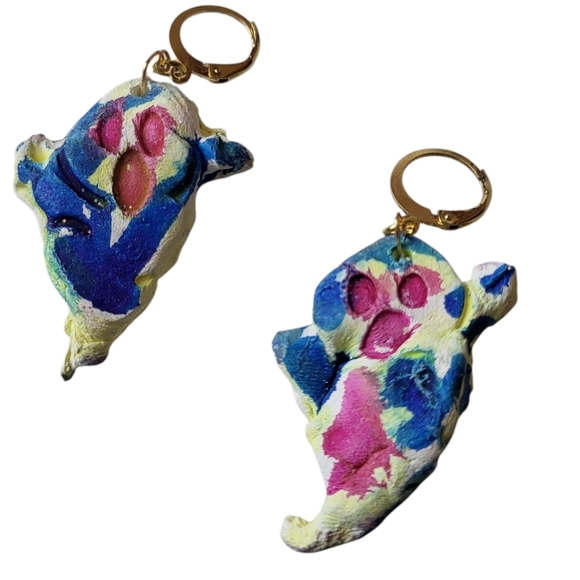 14K Gold Ghost Earrings – Pink Blue Yellow Air Dry Clay Handmade - Picture 1 of 3